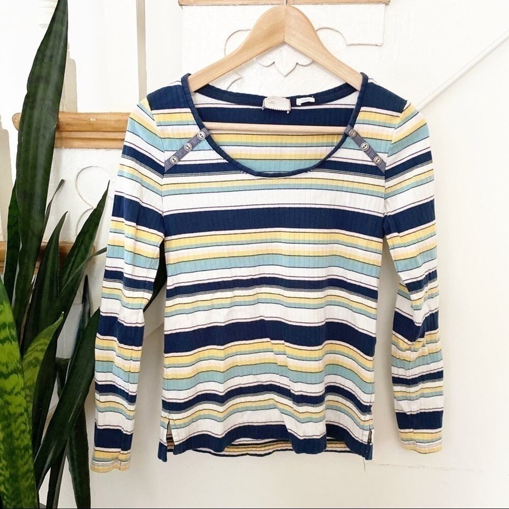 Anthro postmark white blue yellow striped blouse XS